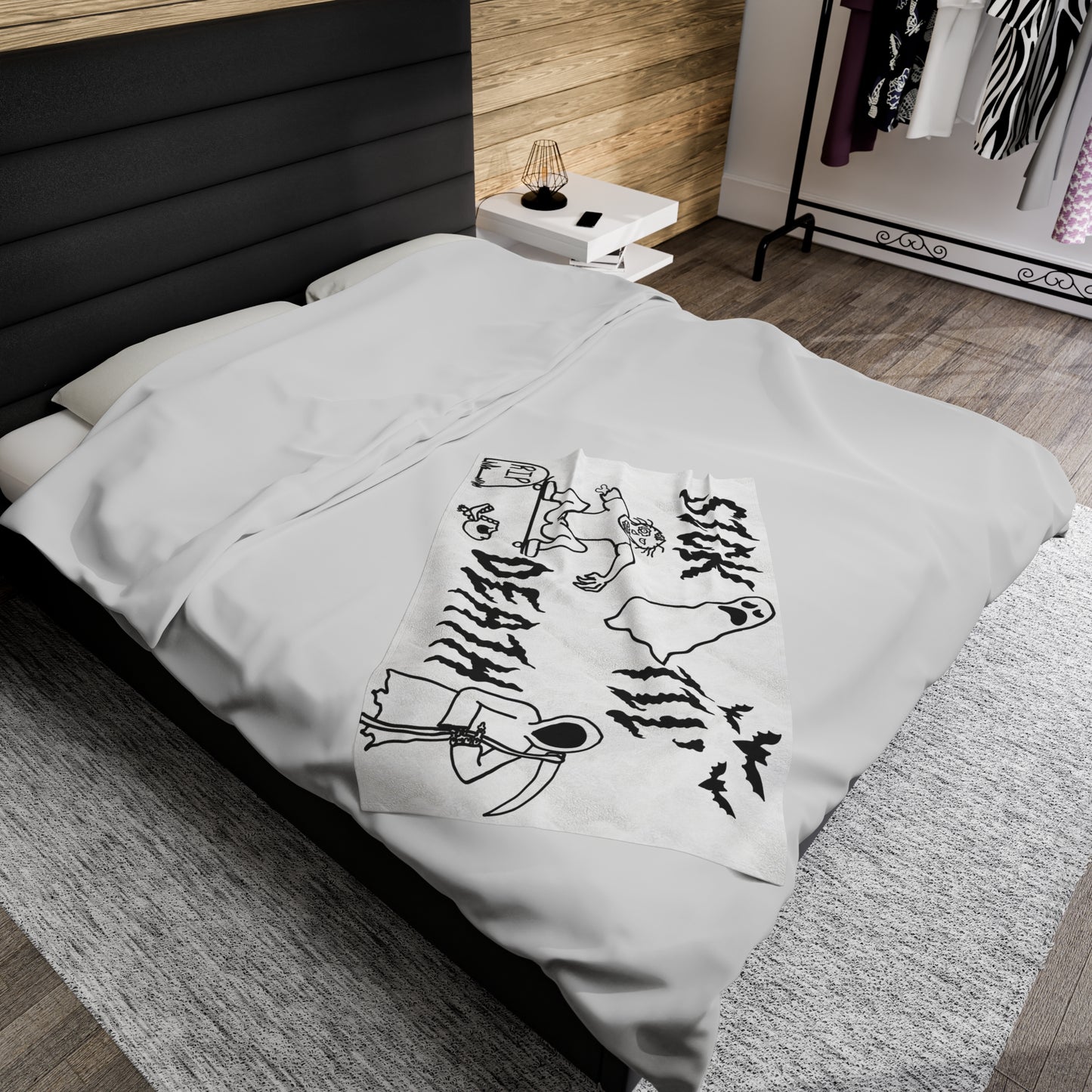 sick til’ death doodle velveteen plush blanket wht