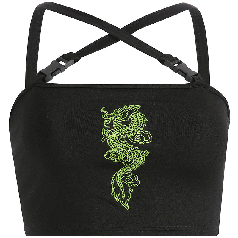 schoolbag buckle dragon embroidered crop top